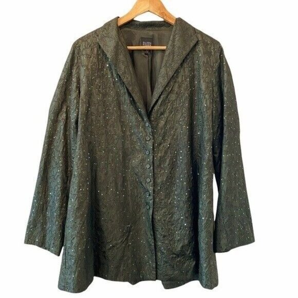 EILEEN FISHER Silk Embroidered Green Sequin Jacket Size S - Picture 3 of 8